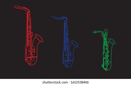 Outline alto, tenor, baritone saxophones isolated on black background. Musical instrument for template or art school dictionary illustration 