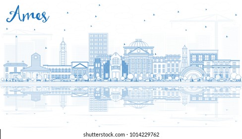 Outline Ames Iowa Skyline with Blue Buildings and Reflections. Vector Illustration. Business Travel and Tourism Illustration with Historic Architecture.