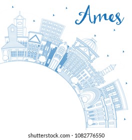 Outline Ames Iowa Skyline with Blue Buildings and Copy Space. Vector Illustration. Business Travel and Tourism Illustration with Historic Architecture.