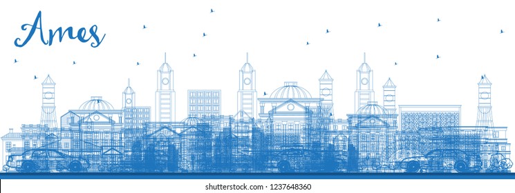 Outline Ames Iowa Skyline with Blue Buildings. Vector Illustration. Business Travel and Tourism Illustration with Historic Architecture.