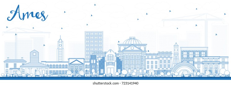 Umrisse Ames Iowa Skyline mit blauen Gebäuden. Vektorgrafik. Illustration für Geschäftsreisen und Tourismus mit historischer Architektur.