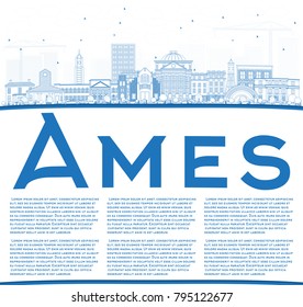 Outline Ames Iowa Skyline with Blue Buildings and Copy Space. Vector Illustration. Business Travel and Tourism Illustration with Historic Architecture.