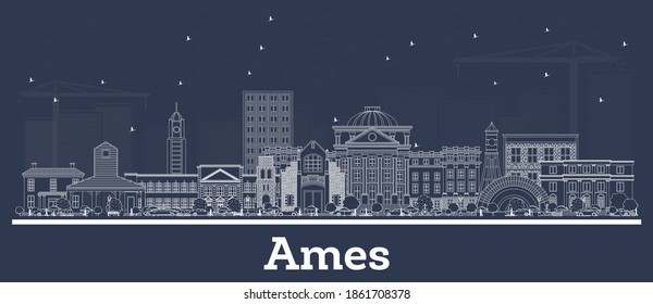 Esquema Ames Iowa Skyline con Edificios Blancos. Ilustración vectorial. Concepto de viajes de negocios y turismo con arquitectura histórica. Ames Cityscape con monumentos.