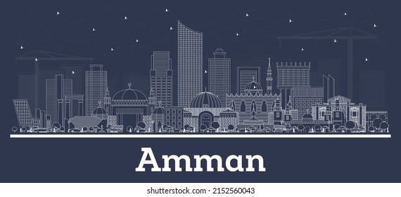 Outline Amman Jordan City Skyline with White Buildings. Vector Illustration. Business Travel and Tourism Concept with Modern Architecture. Amman Cityscape with Landmarks.