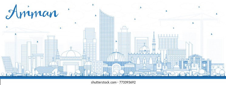 Outline Amman Jordan Skyline with Blue Buildings. Vector Illustration. Business Travel and Tourism Concept with Modern Architecture. Amman Cityscape with Landmarks.