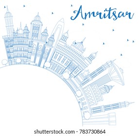 Outline Amritsar India City Skyline with Blue Buildings and Copy Space. Vector Illustration. Business Travel and Tourism Concept with Historic Architecture. Amritsar Cityscape with Landmarks.