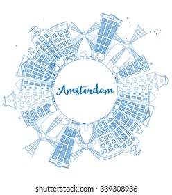 Outline Amsterdam city skyline with blue buildings and copy space. Vector illustration. Business travel and tourism concept with place for text. Image for presentation, banner, placard and web site.
