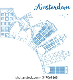 Outline Amsterdam city skyline with blue buildings and copy space. Vector illustration. Business travel and tourism concept with place for text. Image for presentation, banner, placard and web site.