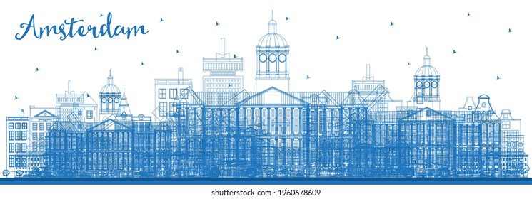 Outline Amsterdam Holland City Skyline com edifícios azuis. Ilustração de vetor. Business Travel and Tourism Concept com arquitetura histórica. Amsterdã Paisagem da Cidade dos Países Baixos com Landmarks.