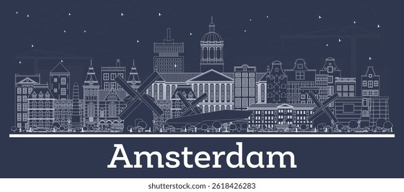 Outline Amsterdam Holland City Skyline com edifícios brancos. Ilustração de vetor. Business Travel and Tourism Concept com arquitetura histórica. Amsterdã Paisagem da Cidade dos Países Baixos com Landmarks.