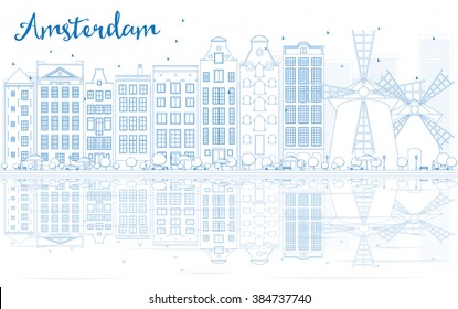 Outline Amsterdam skyline with blue buildings and reflections. Vector illustration. Business travel and tourism concept with place for text. Image for presentation, banner, placard and web site.