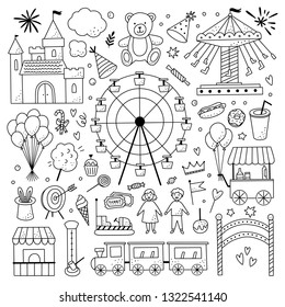 Outline amusement park vector illustrations. Hand drawn attractions, food, carousel, ferris wheel set of icons on white background