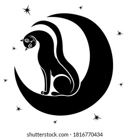 Outline of amusing cat on moon background, isolated black vector hand drawing on white