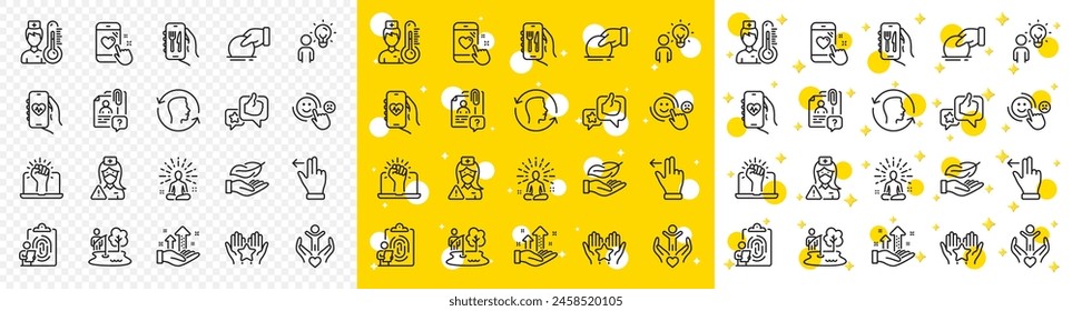 Outline Analysis graph, Ranking and Restaurant app line icons pack for web with Volunteer, Face id, Group people line icon. Heart rating, Yoga, Fishing place pictogram icon. Vector