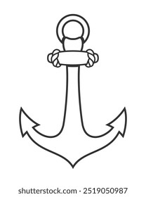 Contorno da âncora isolado no fundo branco. Vintage âncora de mar com corda. Ilustração vetorial