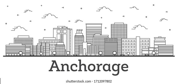 Outline Anchorage Alaska City Skyline with Modern Buildings Isolated on White. Vector Illustration. Anchorage USA Cityscape with Landmarks.