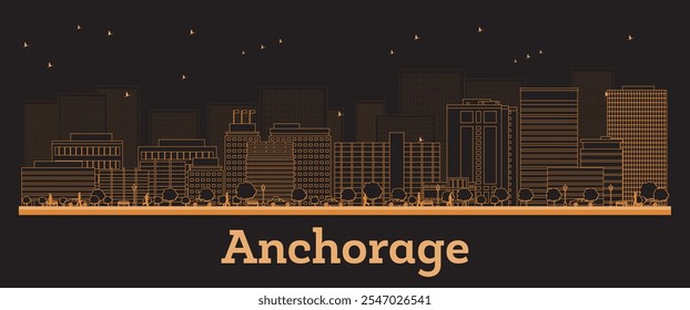 Outline Anchorage Alaska City Skyline orange Buildings. Vector Illustration. Business Travel and Concept with Modern Architecture. Anchorage Cityscape with Landmarks 