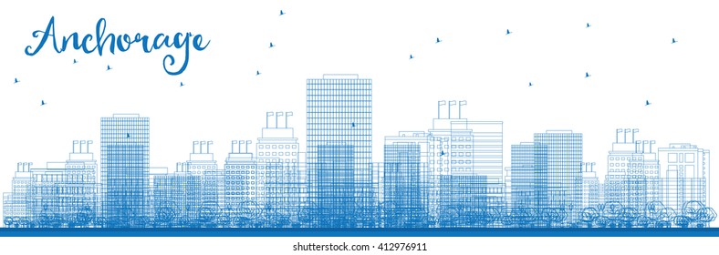 Outline Anchorage (Alaska) Skyline with Blue Buildings. Vector Illustration. Business and tourism concept with place for text. Image for presentation, banner, placard and web site