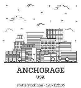 Outline Anchorage Alaska USA City Skyline with Modern Buildings Isolated on White. Vector Illustration. Anchorage USA Cityscape with Landmarks.