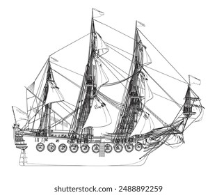 Outline of an ancient sailing frigate made of black lines isolated on a white background. Vector illustration.