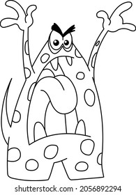 Outline angry monster, Vector line art illustration coloring page.