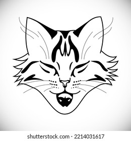 Outline Animal Portrait. Funny Tabby Cat Face. Tired Yawning Striped Kitty. Isolated on White Background. Vector Illustration.
