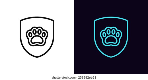 Outline animal protection icon, with editable stroke. Security shield with animal paw sign. Pet life insurance, cats and dogs shelter, medical aid, animal protection community, pet care. Vector icon