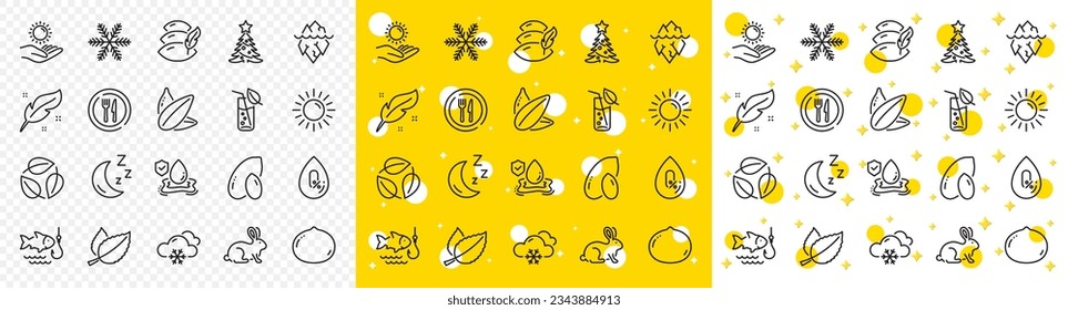 Outline Animal tested, Leaves and Water glass line icons pack for web with Feather, Macadamia nut, Moon line icon. Snowflake, Peanut, No alcohol pictogram icon. Sun protection, Fishing, Pillow. Vector