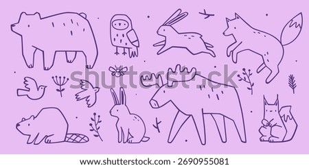 Outline animals set. Doodle wild animals collection. Forest animals bundle.