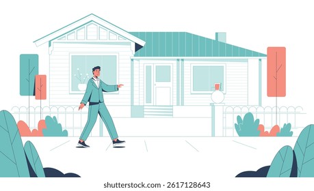 Outline animation scene showing a man walking on a road, with residential houses in the background. Simple, clean lines and minimal details.