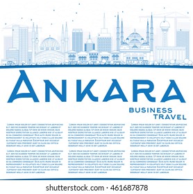 Outline Ankara Skyline with Blue Buildings and Copy Space. Vector Illustration. Business Travel and Tourism Concept with Historic Buildings. Image for Presentation Banner Placard and Web Site.