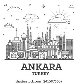 Outline Ankara Turkey City Skyline with Historic Buildings Isolated on White. Vector Illustration. Ankara Cityscape with Landmarks.