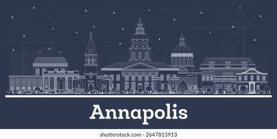 Outline Annapolis Maryland City Skyline with white Buildings. Vector Illustration. Business Travel and Tourism Concept with Historic Architecture. Annapolis USA Cityscape with Landmarks. 