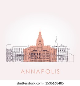 Outline Annapolis skyline with landmarks. Vector illustration. Business travel and tourism concept with historic buildings. Image for presentation, banner, placard and web site.
