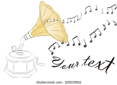 outline of an antique gramophone, painted with watercolor effect. Music notes floating on the air and empty space to write your own text