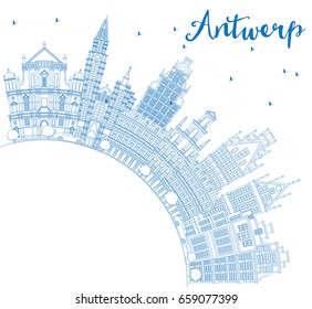 Outline Antwerp Skyline with Blue Buildings and Copy Space. Vector Illustration. Business Travel and Tourism Concept with Historic Architecture. Image for Presentation Banner Placard and Web Site.