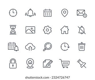 Outline app icons set. Line art stickers with notes and settings, gallery and mail, calendar and location. Phone home screen and menu. Linear flat vector collection isolated on white background