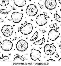 Outline Apple Fruit Black and White Background. Seamless Pattern with Hand Drawn Doodle Apples with Leaves and Apple Slices. Fruits Wallpaper. Healthy Summer Food Background