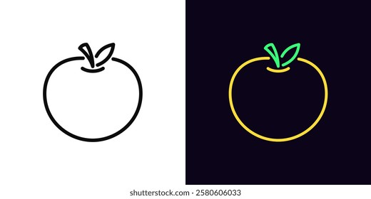 Outline apple icon, with editable stroke. Apple fruit with leaf, black and golden outline silhouette. Ripe fruit, apple garden, organic food, fruit diet, summer vitamins, health food. Vector icon