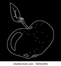 The outline of an apple on a black background. An apple with a leaf. Vector illustration.