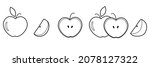Outline Apple and apple parts vector set. Fruit design elements. Whole apples, slices, leaves and apple seeds vector design elements isolated on white. Black and white vector apples.