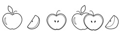 Outline Apple And Apple Parts Vector Set. Fruit Design Elements. Whole Apples, Slices, Leaves And Apple Seeds Vector Design Elements Isolated On White. Black And White Vector Apples.