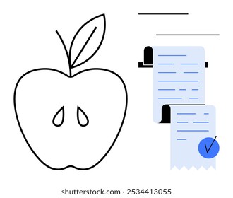 Esquema de una manzana y dos Comprobante azules, uno con una marca de verificación. Ideal para temas de alimentación, alimentación saludable, compras de comestibles, planificación de la dieta y documentación. Estilo de Vector minimalista