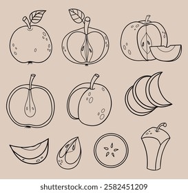 Outline Apples collection. Linear hand drawings. Fruit with leaves, cut, slice, half and piece. Isolated food elements. Vector illustration. Coloring Page