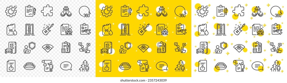 Outline Approved document, Puzzle and Chat line icons pack for web with Dishes, Seo gear, Lease contract line icon. 360 degrees, 5g wifi, Car registration pictogram icon. Ship. Vector