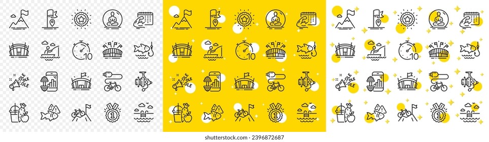 Outline Approved, Timer and Fitness app line icons pack for web with Sports arena, Yoga, Winner star line icon. Swimming pool, Fishing, Ole chant pictogram icon. Fish, Flag, Arena stadium. Vector