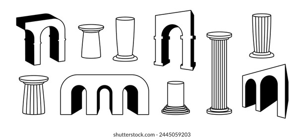 Outline arches and columns collection. Linear surreal greek element set. Black and white bold 3d arc doors, pillars, gates bundle. Trippy shapes for collage, poster, banner, sticker. Vector pack