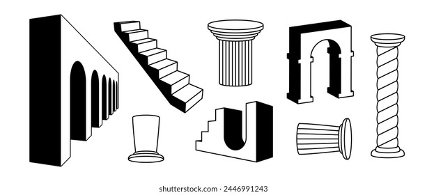 Outline arches, columns and stair collection. Surreal greek ruin element set. Black 3d arc, doors, pillars, staircase, gates bundle. Trippy shapes pack for collage, poster, banner, sticker. Vector 