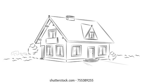 Outline Architectural Sketch Detached Tarditional House - Vector Concept 