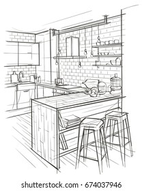 Outline architectural sketch of modern kitchen interior. Vector.